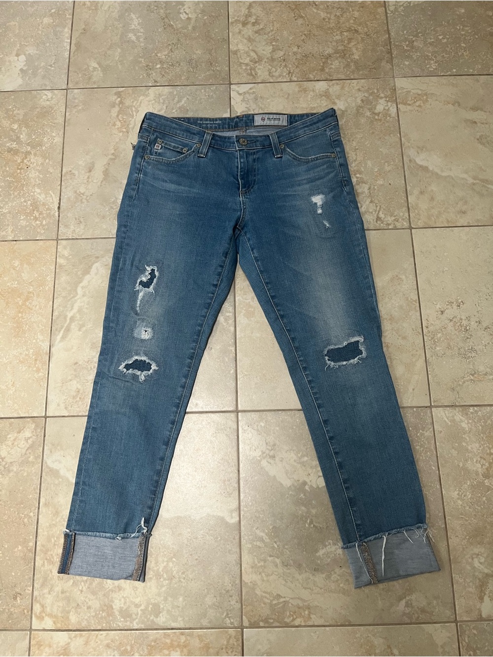 AG Adriano Goldschmied Distressed Blue Boyfriend Jeans with Cuffed Hems